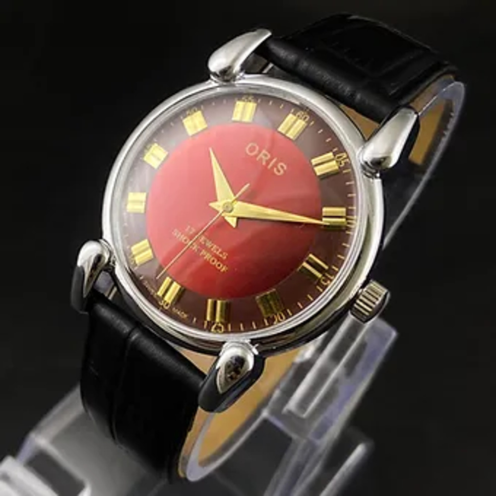 Vintage 1975 Oris Manual Mens Silver Watch W/Leather Strap & Red accents - Picture 5 of 7